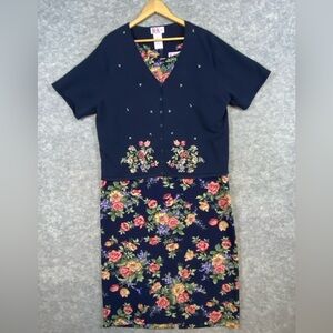 R&K Originals Vintage‎ 90s Floral Dress and Cardigan Sweater Size 16W Navy Pink